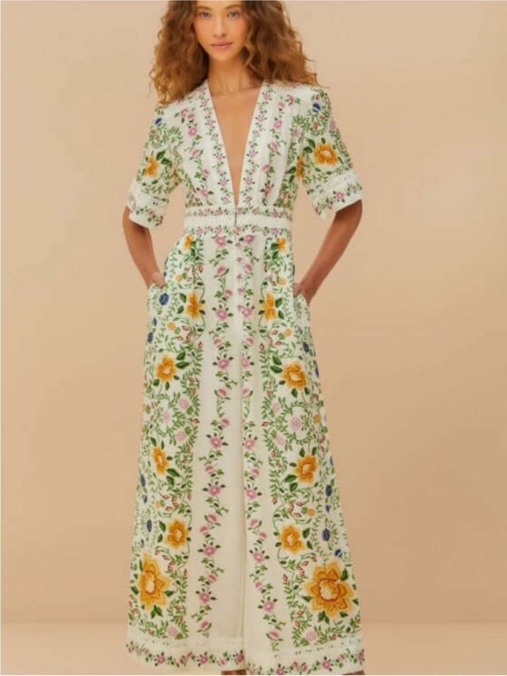 Farm Rio Off White Folk Floral Lenzing Ecovero Euroflax Jumpsuit